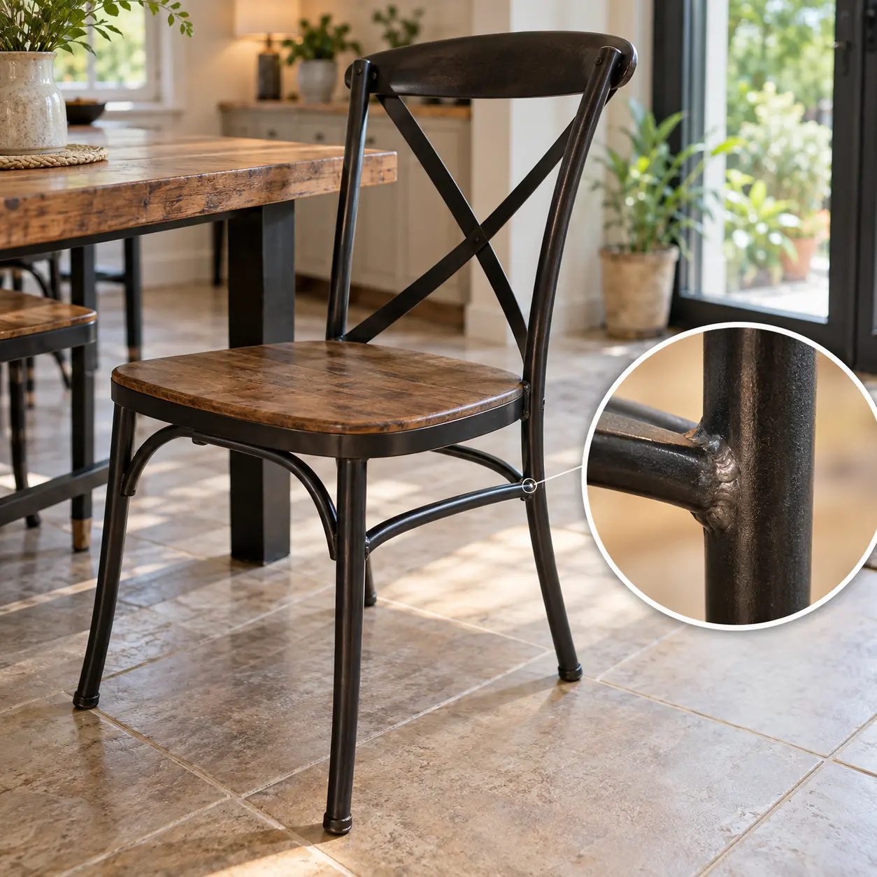 Steel chair in a home showing a repair area