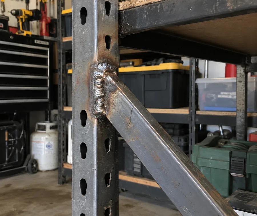 Welded steel brace repaired on a garage racking upright