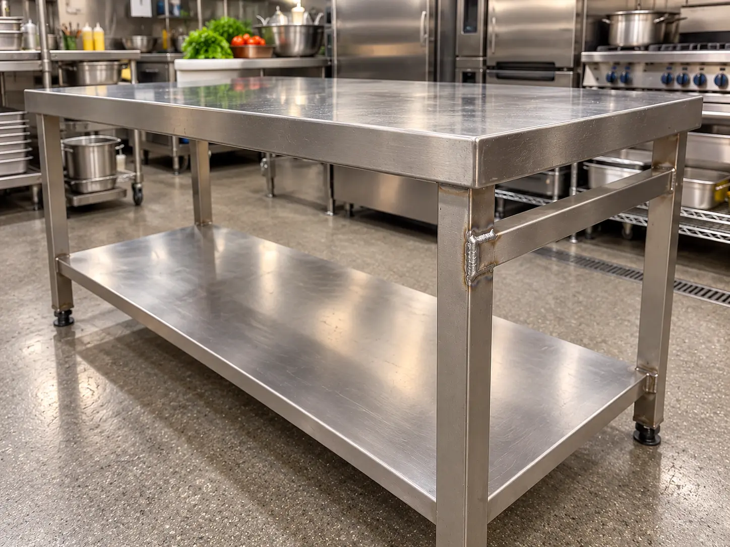 Commercial catering table with a visible repair to its metal frame